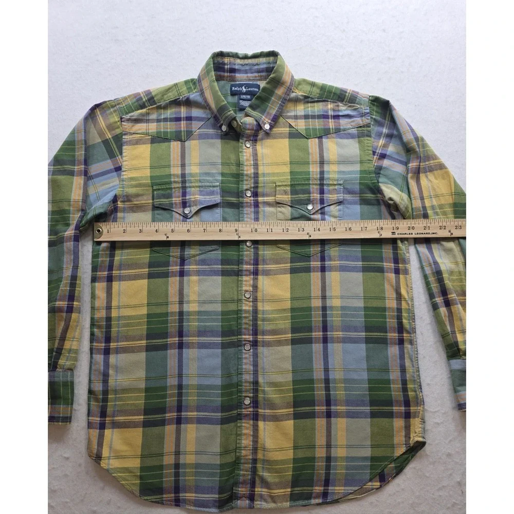 Ralph Lauren Boy's Western Pearl Snap Green Plaid Long SleeveShirt. Size L 16/18